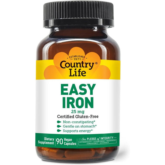 Country Life Easy Iron 25 Milligrams 90 Veggie Capsules front view of bottle
