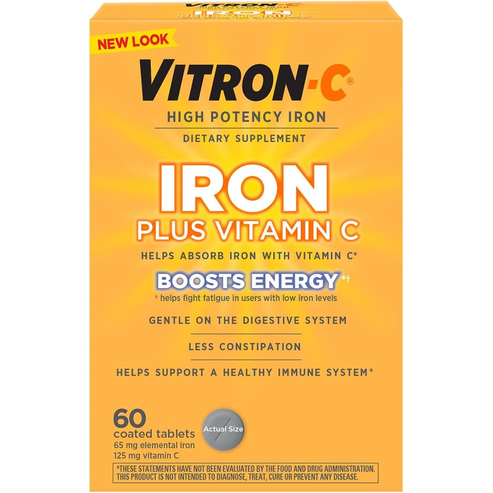 Vitron-C High Potency Iron Supplement front packaging showing sixty coated tablets.