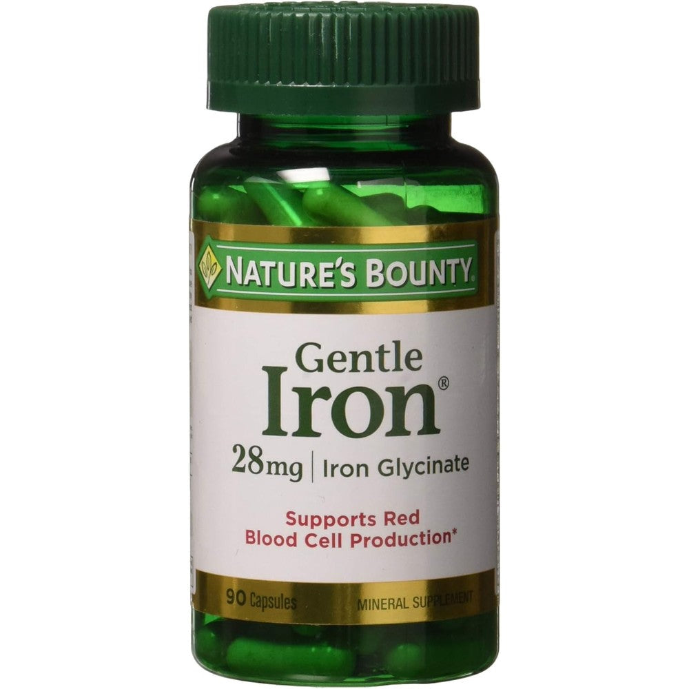 Nature's Bounty Gentle Iron 28mg 90 capsules front bottle view for energy metabolism support.