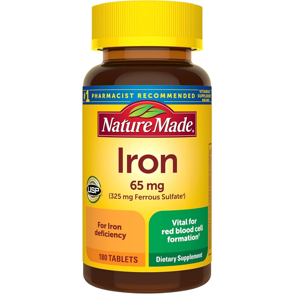 Nature Made Iron 65mg Ferrous Sulfate 180 Tablets front bottle view