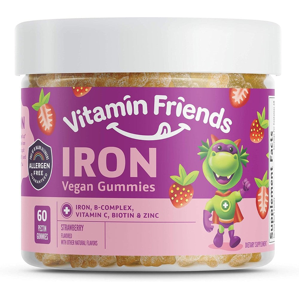 Vitamin Friends Vegan Multivitamin and Iron Gummies for Kids front bottle view showing purple cartoon dragon character.