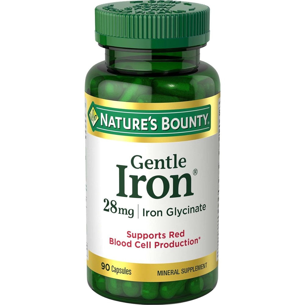 Nature's Bounty Gentle Iron 28mg 90 Capsules front label view showing authentic USA packaging