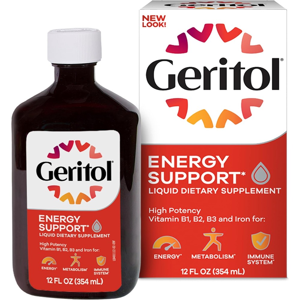 Geritol Liquid Vitamin and Iron Supplement front view 12 fluid ounce bottle