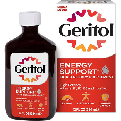 Geritol Liquid Vitamin and Iron Supplement front view 12 fluid ounce bottle