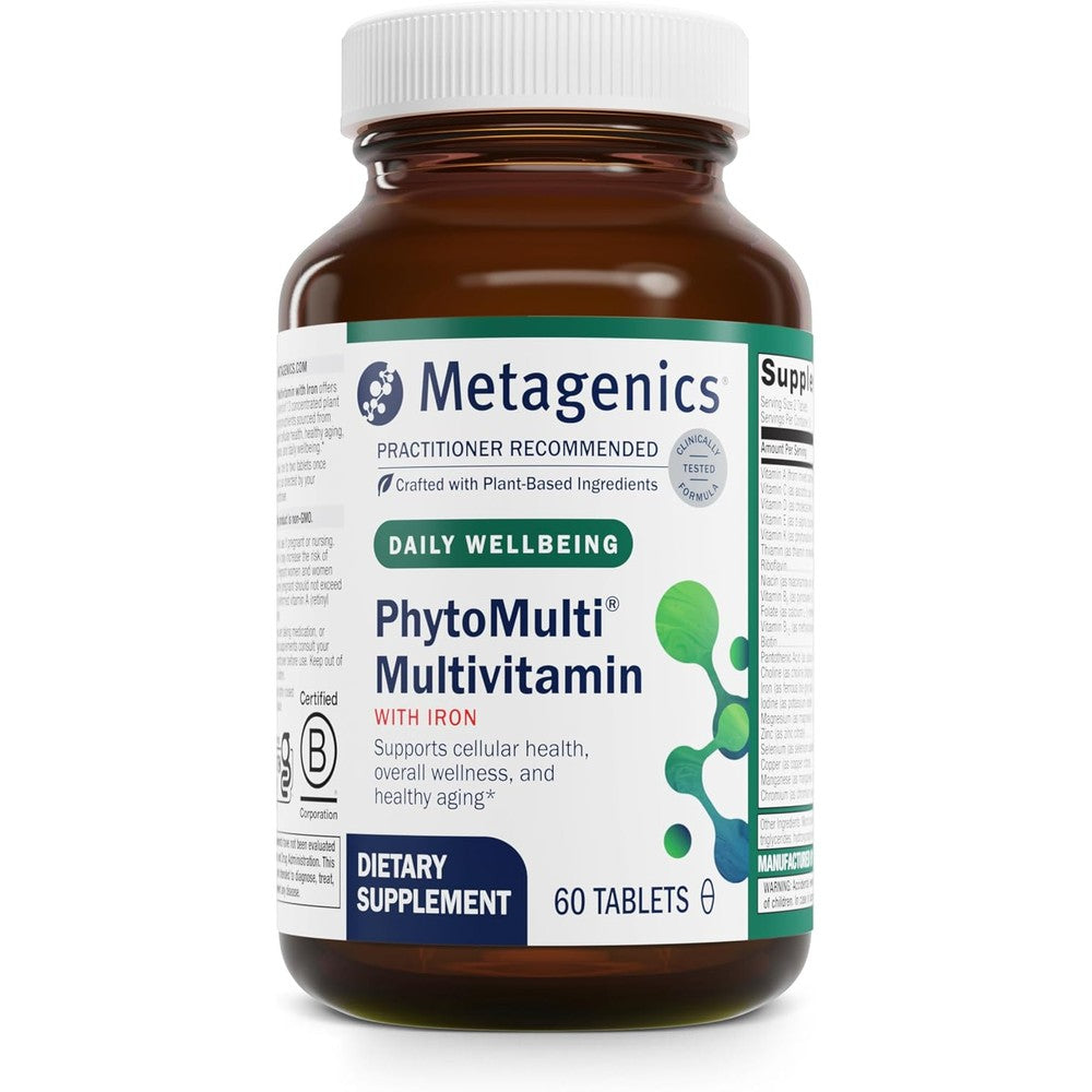 Metagenics PhytoMulti Tablet with Iron 60 Tablets front view bottle of authentic daily multivitamin.