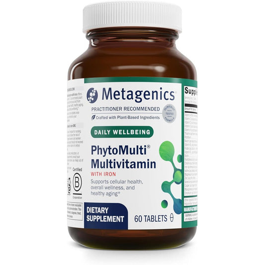 Metagenics PhytoMulti Tablet with Iron 60 Tablets front view bottle of authentic daily multivitamin.