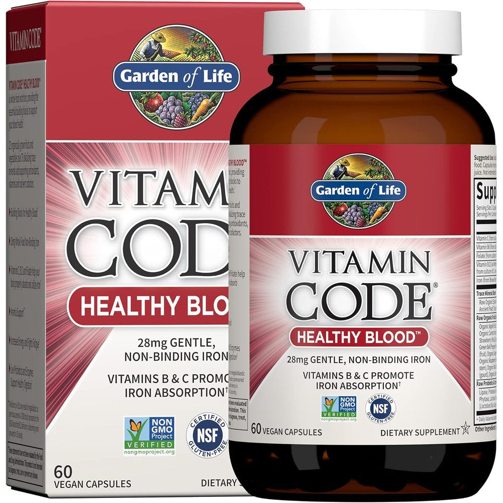 Garden of Life Vitamin Code Healthy Blood bottle front view showcasing raw iron supplement for women