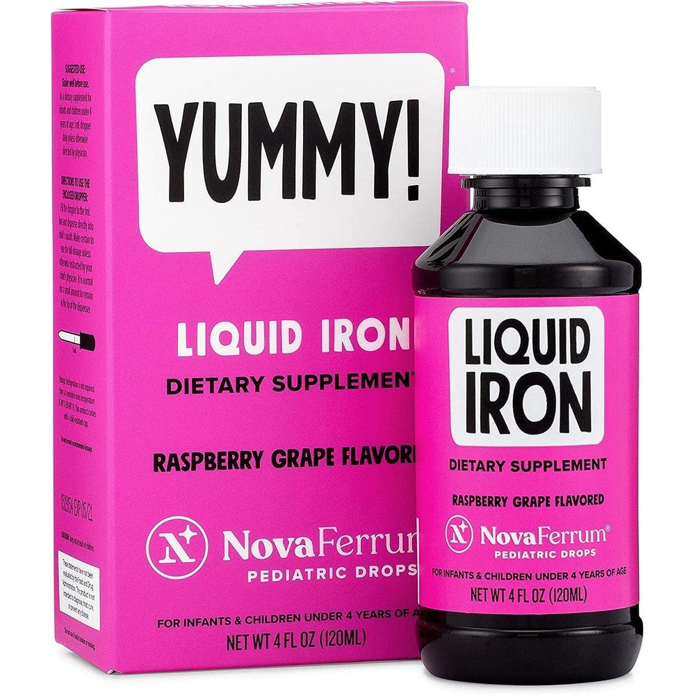 NovaFerrum Pediatric Drops Liquid Iron Supplement front packaging view showing raspberry grape flavor details