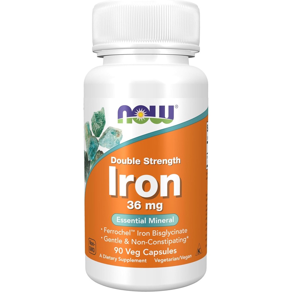NOW Foods Iron 36 mg Double Strength 90 Vegetarian Capsules front bottle view