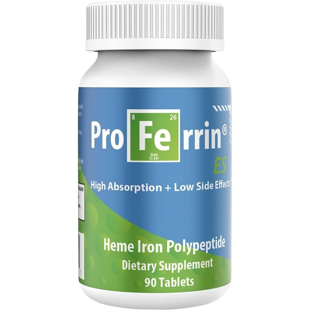 Proferrin ES Heme Iron Polypeptide 90 tablets front view bottle showing high absorption claim