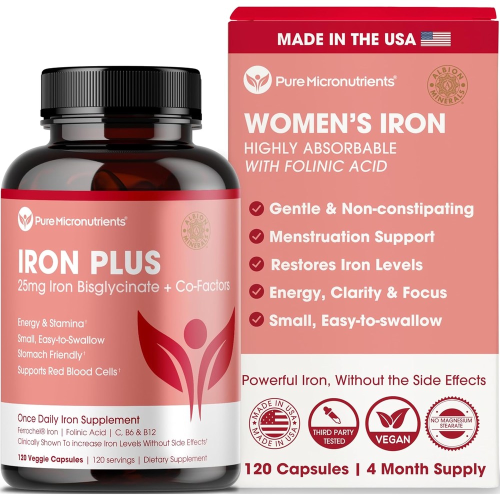 Pure Micronutrients Iron Plus 120 capsules front bottle view for gentle iron supplementation