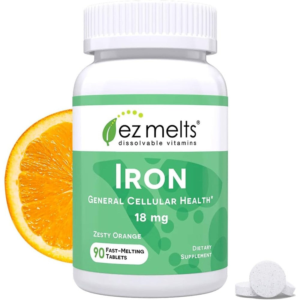 EZ Melts Iron 18mg front packaging view showing ninety dissolvable orange flavored tablets bottle