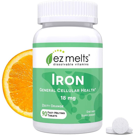EZ Melts Iron 18mg front packaging view showing ninety dissolvable orange flavored tablets bottle