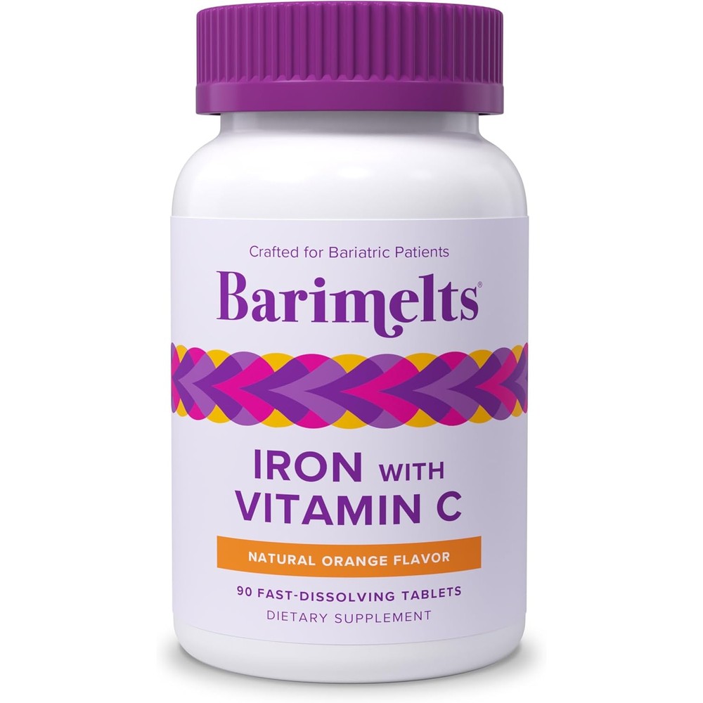 BariMelts Iron with Vitamin C 90 tablets bottle front view showing bariatric supplement label