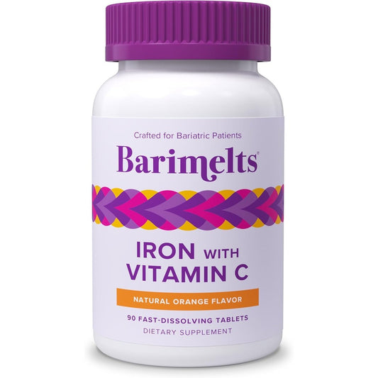 BariMelts Iron with Vitamin C 90 tablets bottle front view showing bariatric supplement label