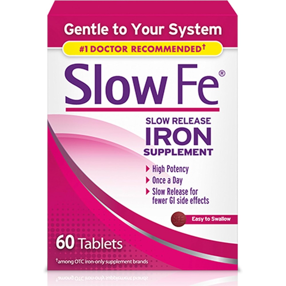 Slow Fe 45mg high potency iron supplement slow release 60 tablets front view box packaging