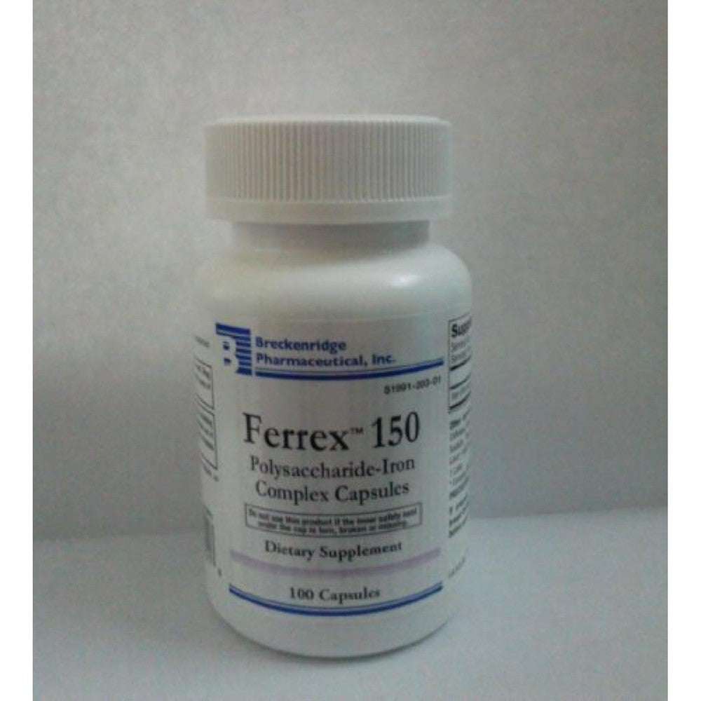 Breckenridge Pharmaceutical Ferrex 150 Polysaccharide Iron Complex front bottle view for iron deficiency support