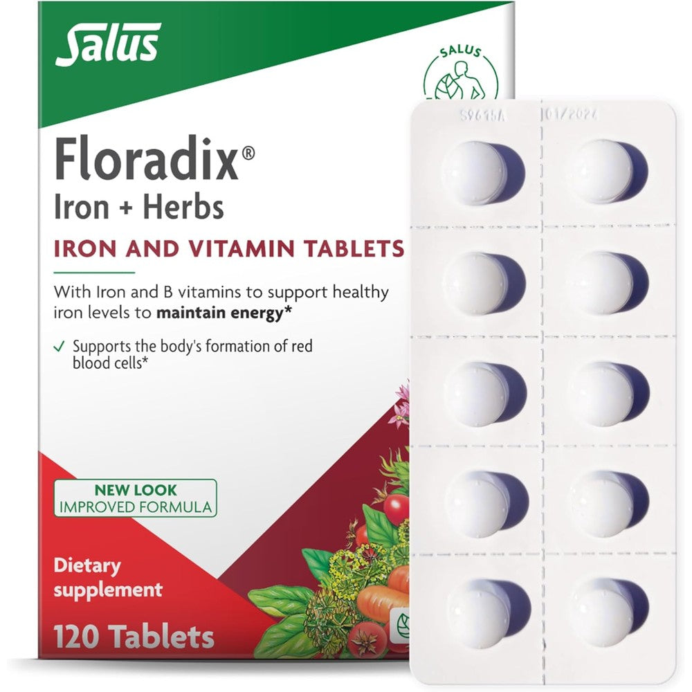 Floradix Iron Tablets 120 count pack front view displaying clean packaging labels for dietary support.