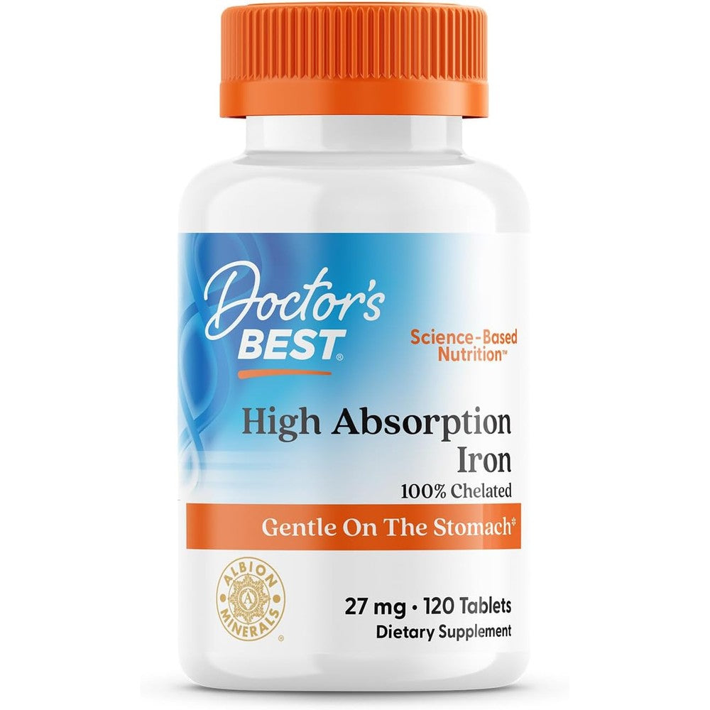 Doctor's Best High Absorption Iron 120 tablets front view showing the 27mg Ferrochel label.