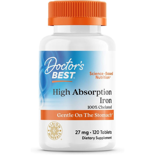 Doctor's Best High Absorption Iron 120 tablets front view showing the 27mg Ferrochel label.