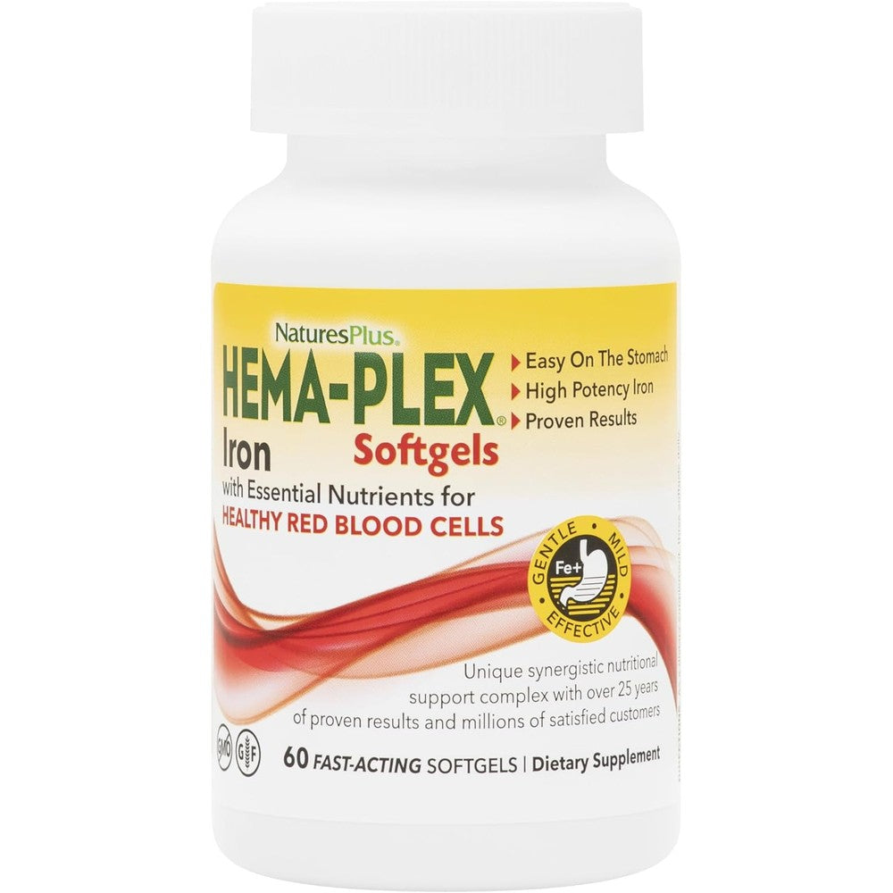 NaturesPlus Hema Plex Iron sixty fast acting softgels bottle front view highlighting eighty five milligrams elemental iron for blood health