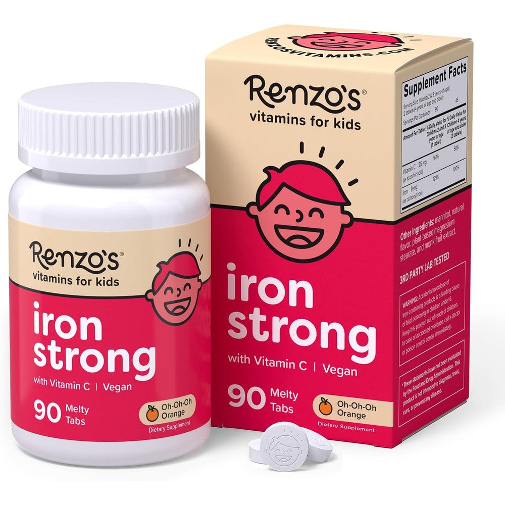 Renzo's iron supplements for kids orange flavor 90 count front view
