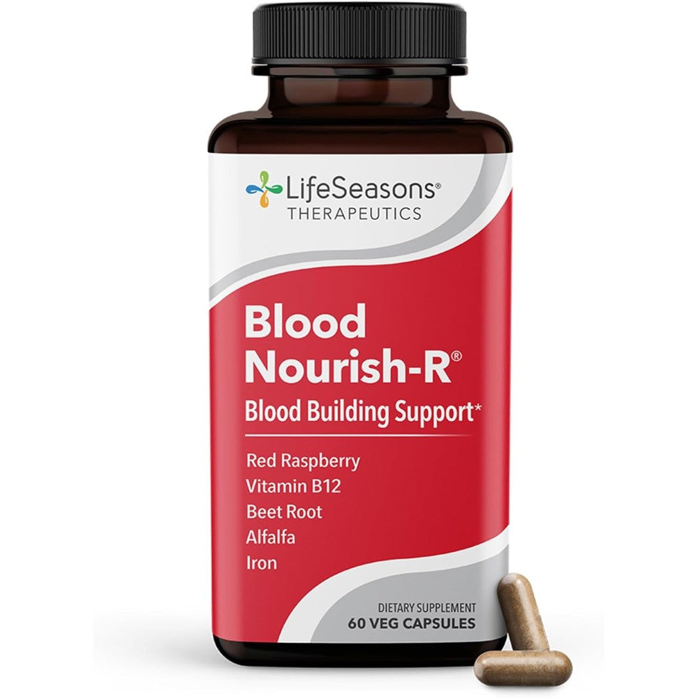 LifeSeasons Blood Nourish-R front view bottle showing 60 vegetarian capsules packaging.