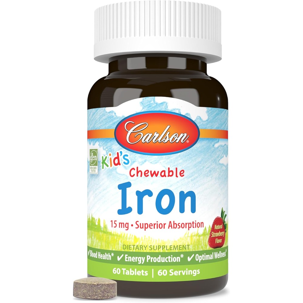Carlson Kids Chewable Iron 15 mg 60 Tablets front view bottle