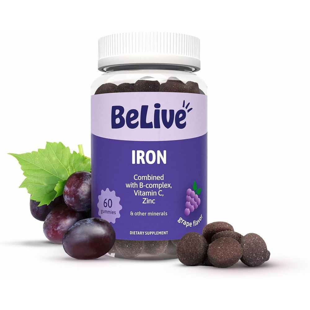 BeLive Iron Gummies front view bottle packaging showing grape flavor