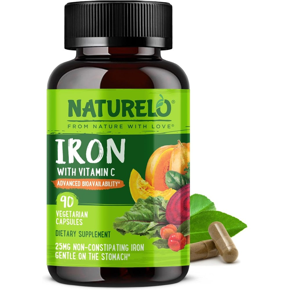 NATURELO Vegan Iron Supplement with Vitamin C 90 capsules front bottle view for iron deficiency support