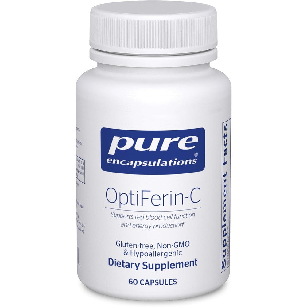 Pure Encapsulations OptiFerin-C iron supplement front view bottle for premium energy support.