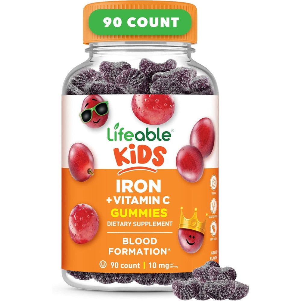 Lifeable Iron Gummies with Vitamin C front bottle view grape flavored kids supplement