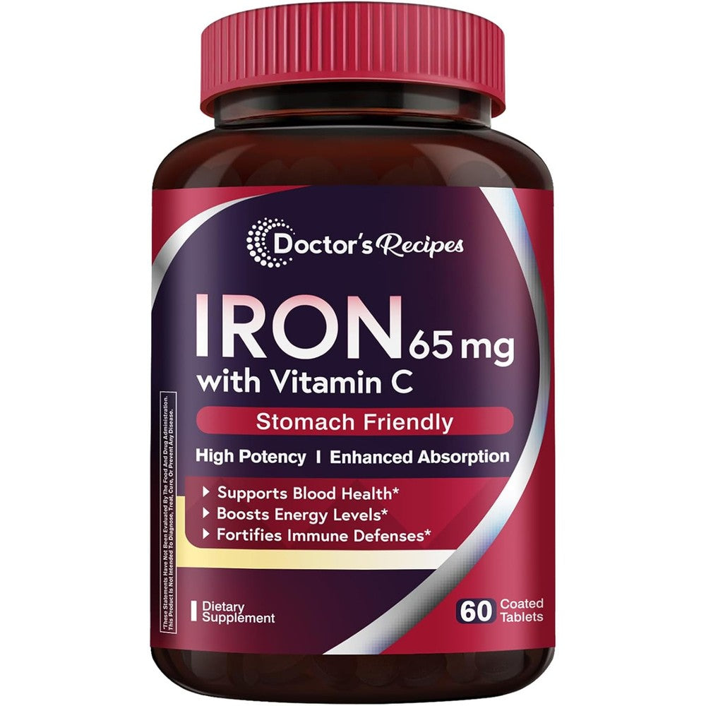 Doctor's Recipes Iron Supplement 65 mg bottle front view showing vegan tablets packaging