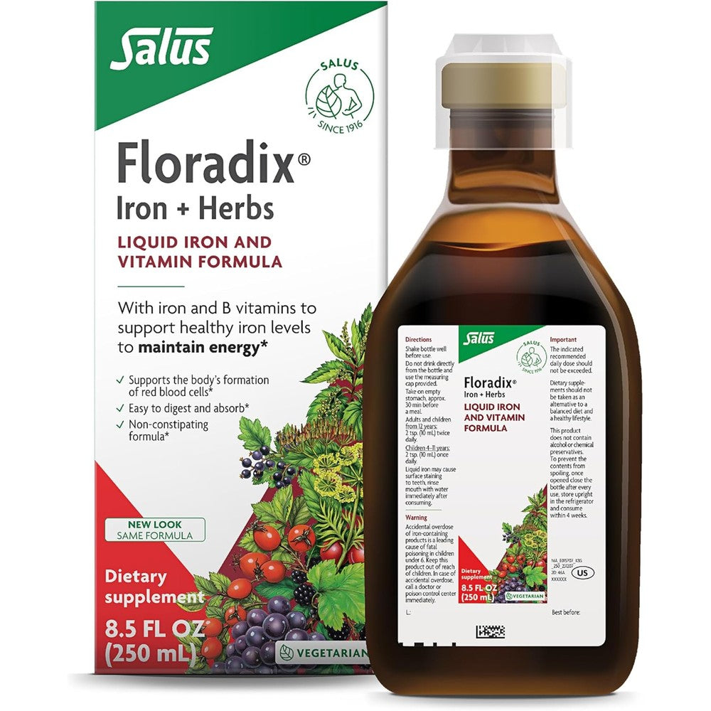 Floradix Iron Herbs Liquid Supplement 8.5 Fluid Ounce front view package showing energy support benefits