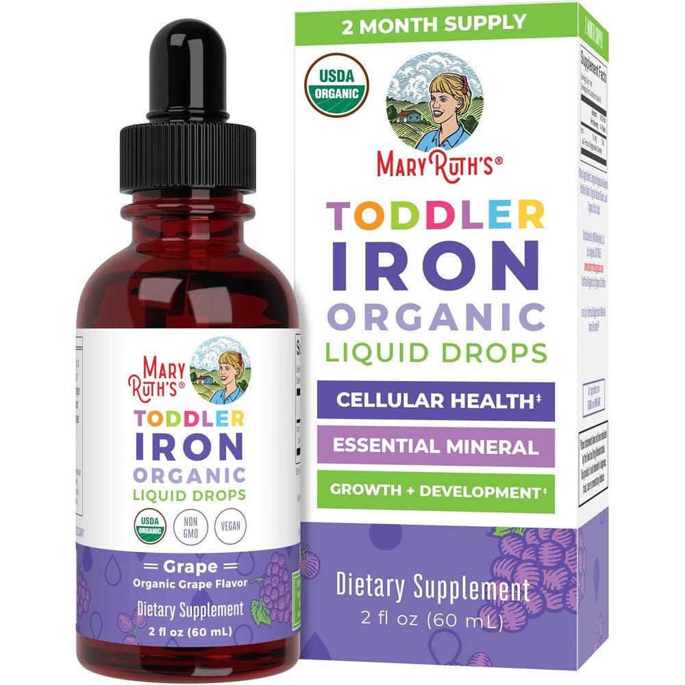 MaryRuth Organics Toddler Iron Liquid Drops Grape flavor front view packaging for children health