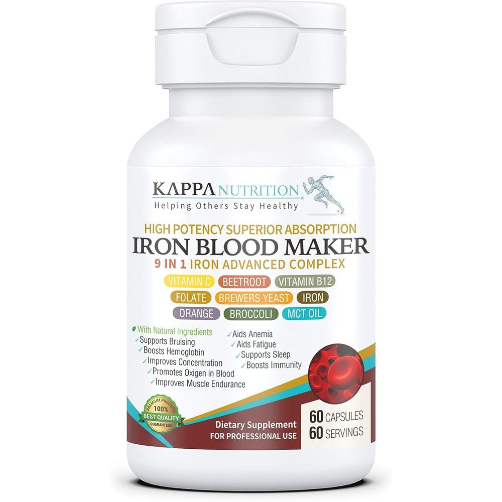 Kappa Nutrition Iron Blood Maker 60 capsules bottle front view showing the 9-in-1 advanced complex label.