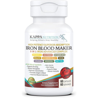 Kappa Nutrition Iron Blood Maker 60 capsules bottle front view showing the 9-in-1 advanced complex label.