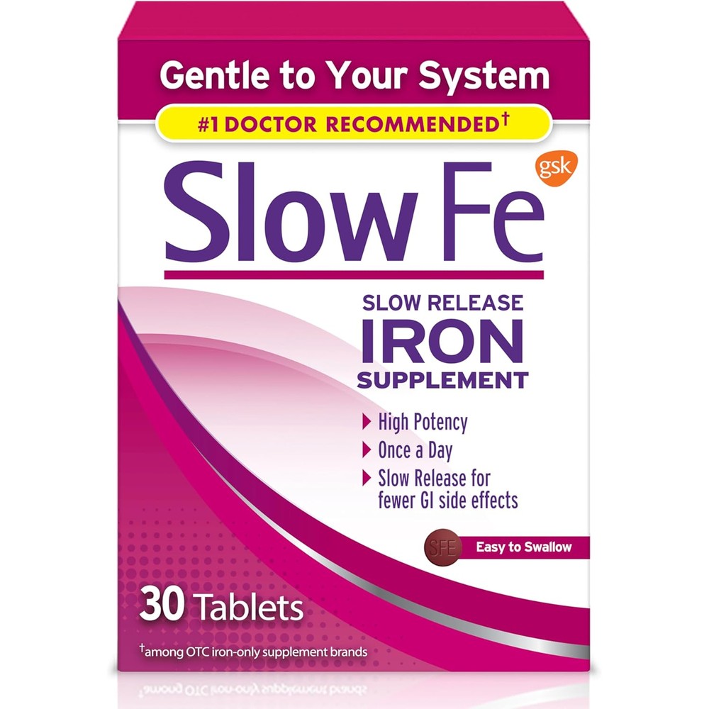 Slow Fe High Potency Iron 45mg slow release 30 tablets front packaging view for iron deficiency treatment