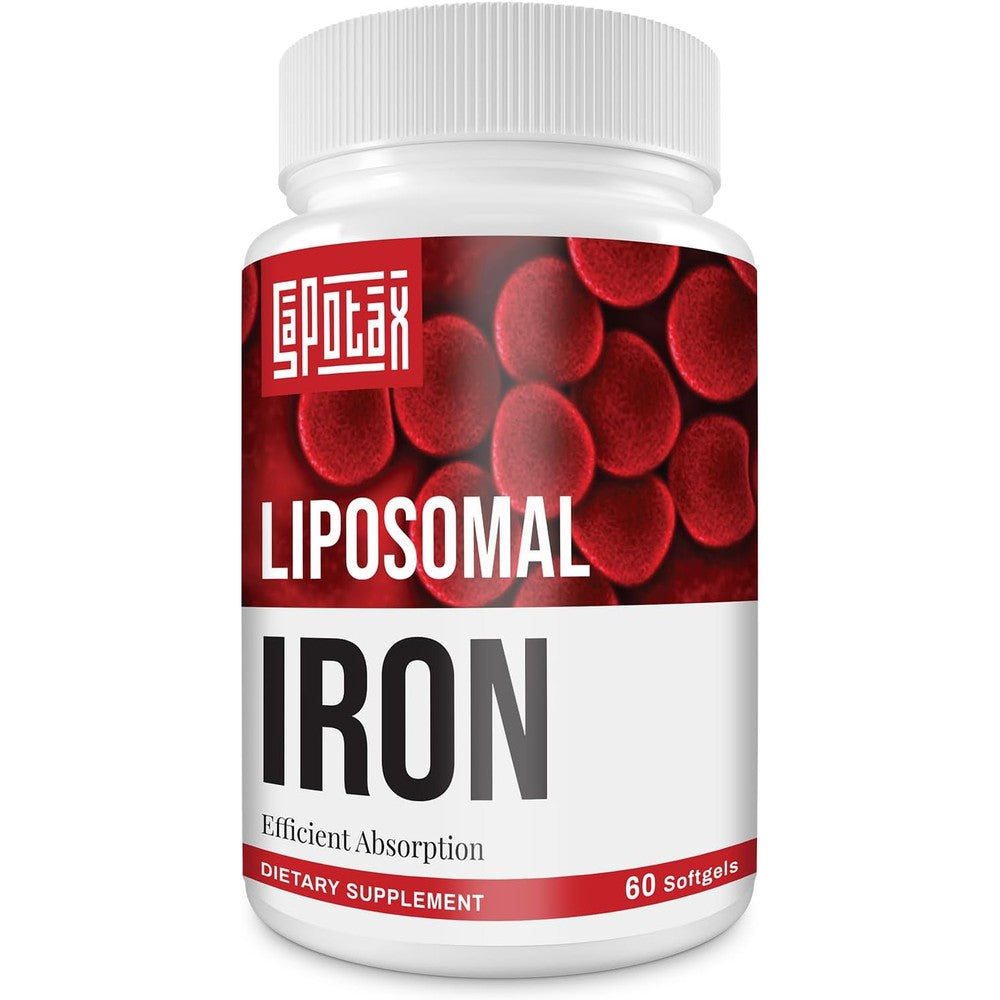 Sapotax Liposomal Iron 65mg supplement bottle front view showing capsule count