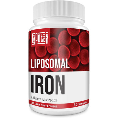 Sapotax Liposomal Iron 65mg supplement bottle front view showing capsule count