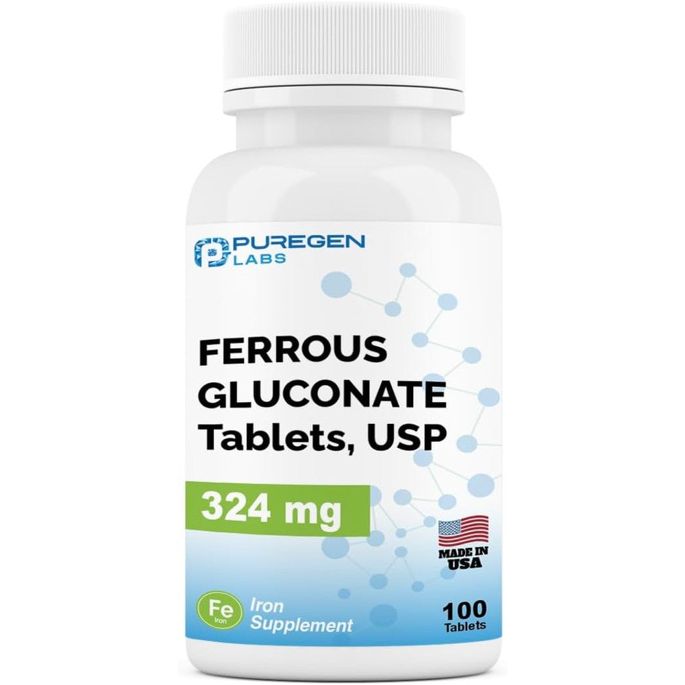 Puregen Labs Ferrous Gluconate 324mg front view bottle showing 100 tablets gentle iron supplement.