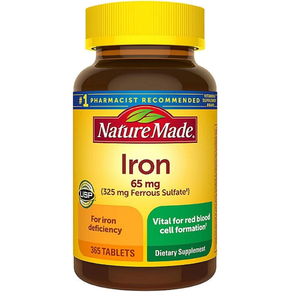Nature Made Iron 65mg 365 Tablets front view showing the product label for red blood cell formation.
