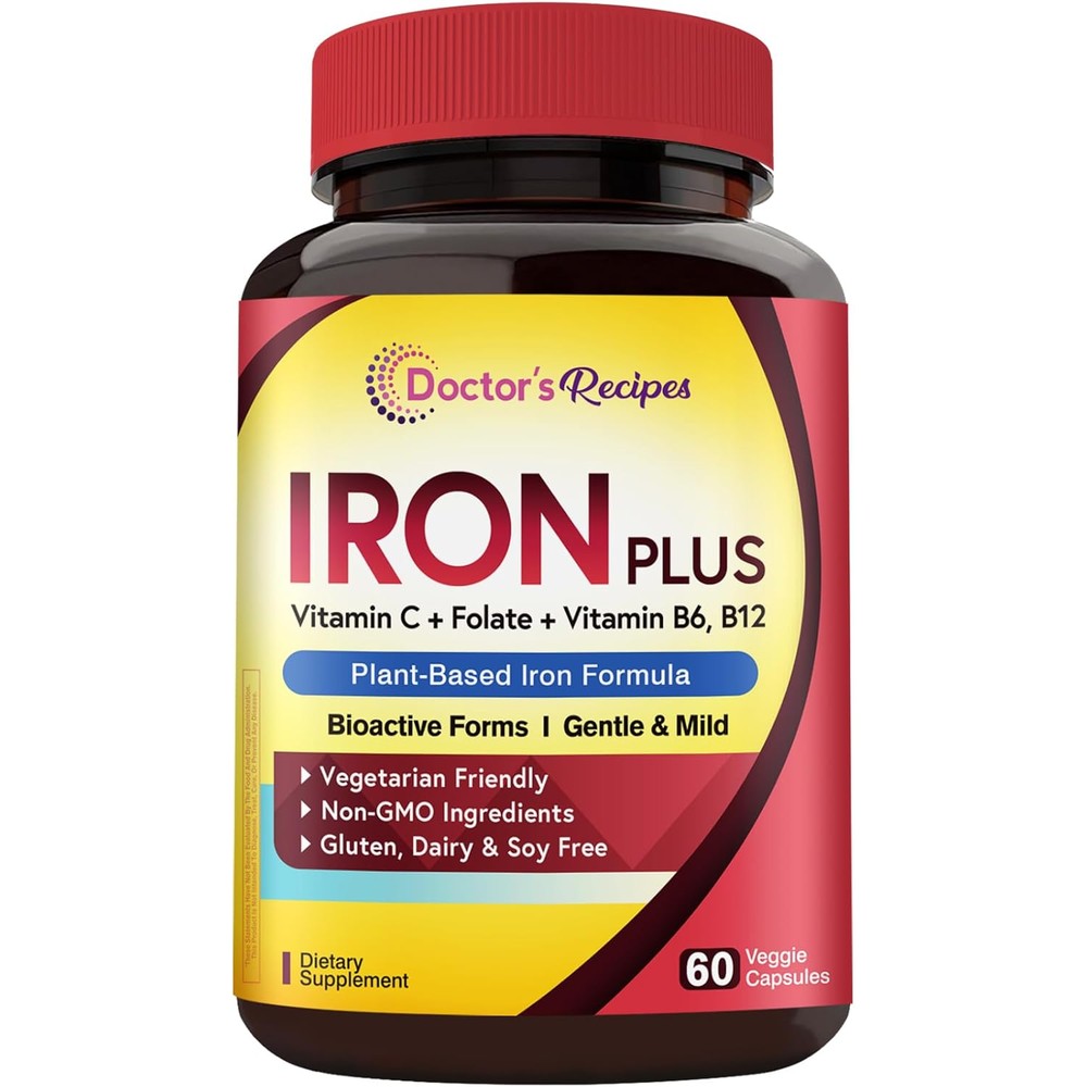 Doctor's Recipes Iron Bisglycinate 60 vegan capsules front bottle view premium iron supplement