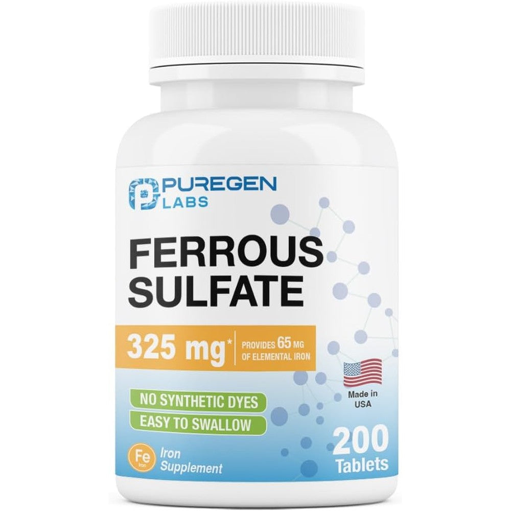 Puregen Labs Ferrous Sulfate bottle front view authentic USA imported supplement