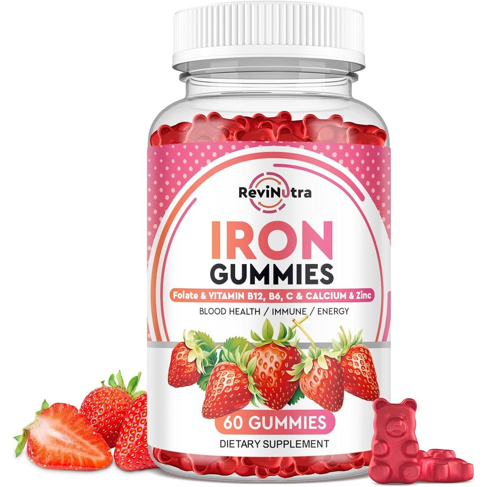ReviNutra Iron Gummies front view of the 60 vegan supplement bottle for blood builder health.