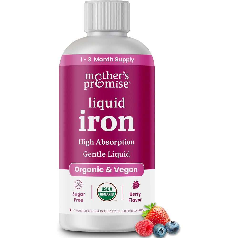 Mother's Promise Organic Liquid Iron Supplement bottle front view showing the USDA Organic label and berry flavor details.