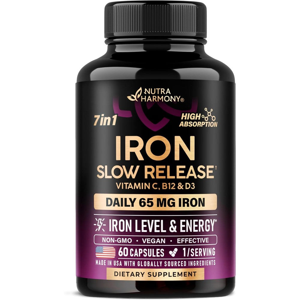 Nutraharmony Iron 65mg Ferrous Sulfate front view bottle for daily wellness