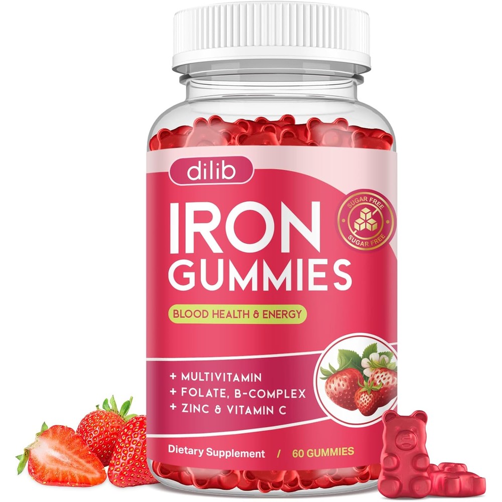 Dilib Iron Gummies front view bottle of strawberry flavored blood builder supplement