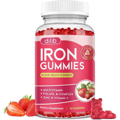 Dilib Iron Gummies front view bottle of strawberry flavored blood builder supplement