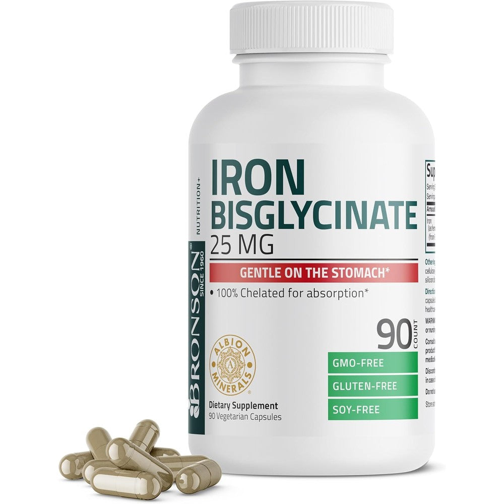 Bronson Iron Bisglycinate 90 capsules front view showing original packaging labels.